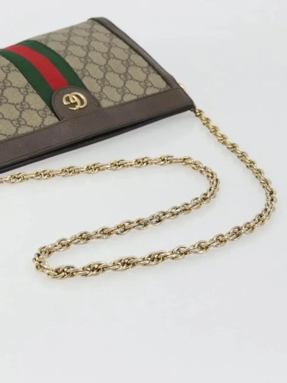 GUCCI GG Supreme Web Sherry Line Chain Bag PVC Beige Gold 503877 Auth mr1659